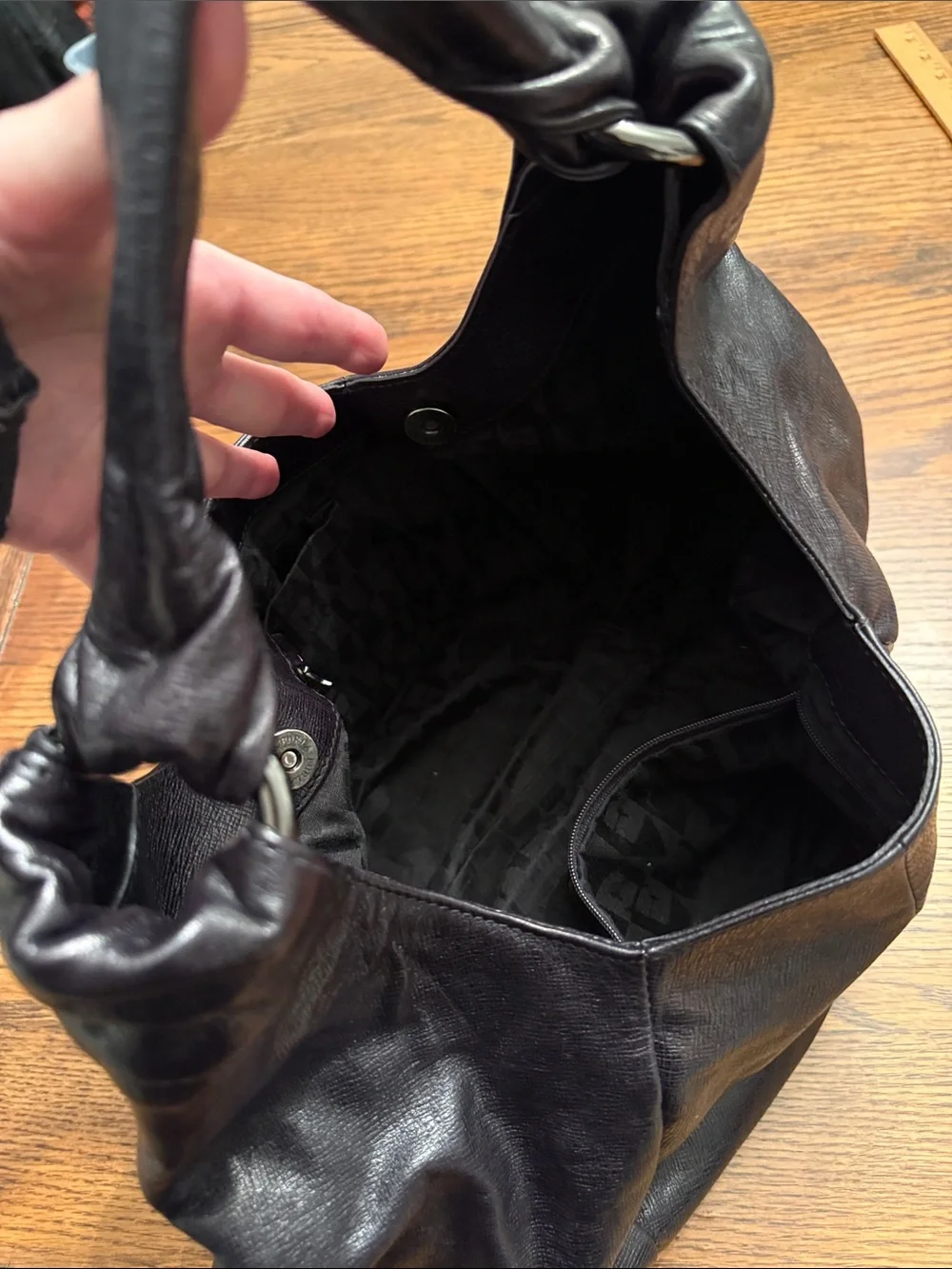 Furla Italian Leather Slouchy Hobo Shoulder Bag Black Tassel Large